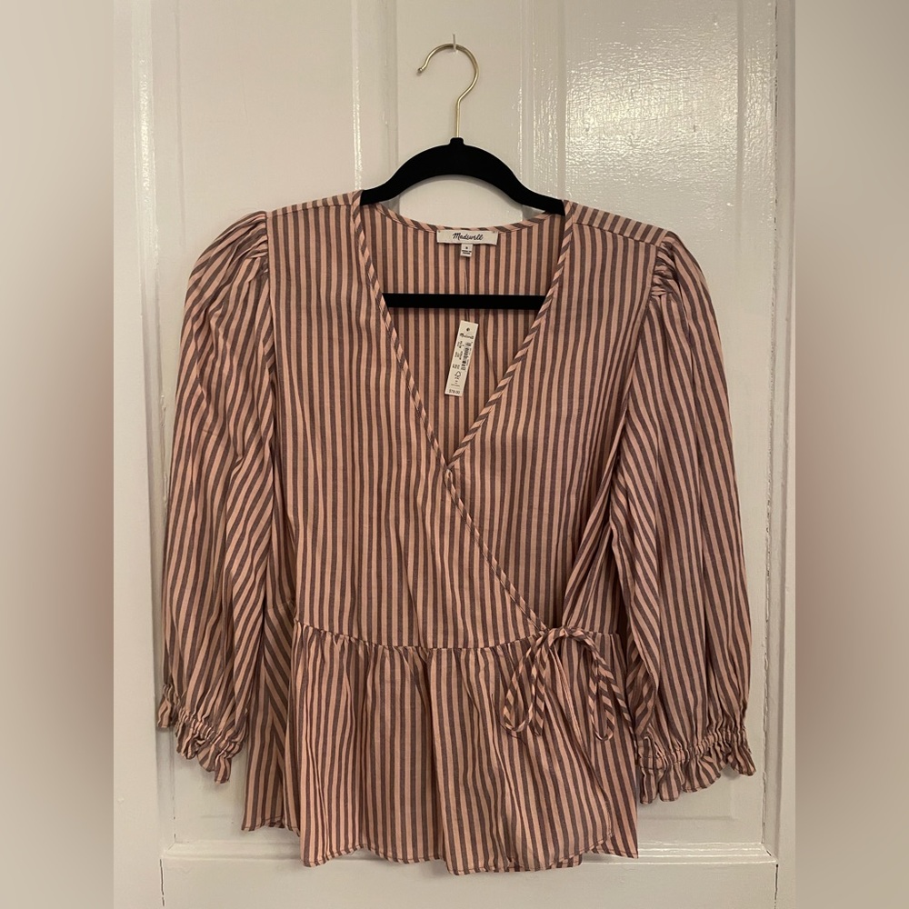 Madewell Puff-Sleeve Peplum Wrap Top in Stripe - Picture 4 of 5